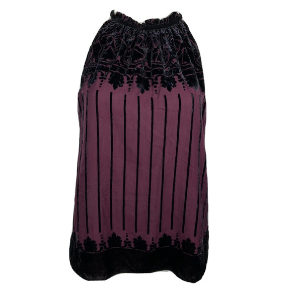 Max Studio‎ Shirt Womens XS Purple Black Velvet Floral Sleeveless Halter Pleated - Picture 1 of 9